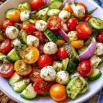 Tomato Cucumber Avocado Salad with Mozzarella and Basil Pesto