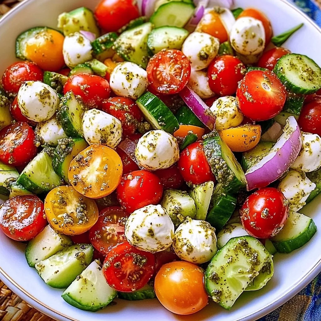 Tomato Cucumber Avocado Salad with Mozzarella and Basil Pesto