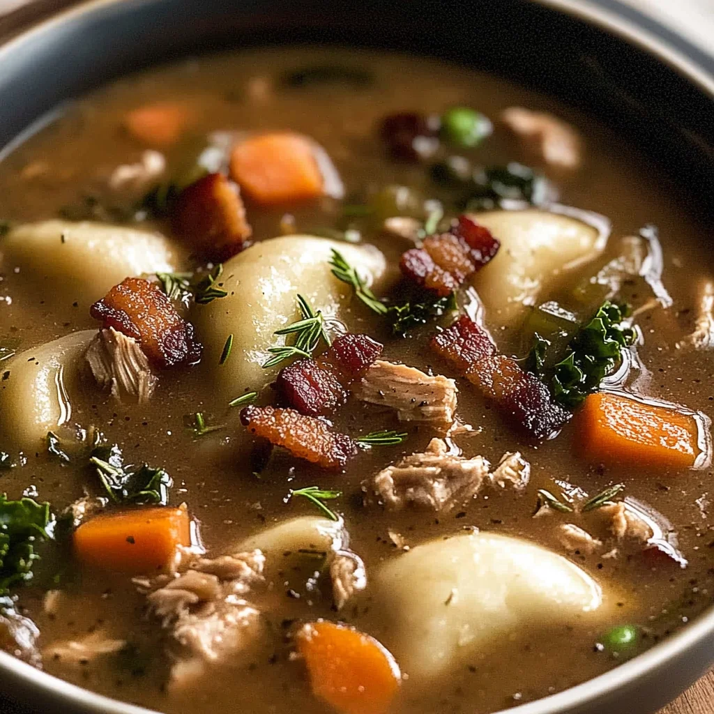 Creamy Pierogi Chicken Soup with Rosemary Bacon Bits
